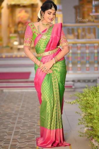 Parrot pink soft silk blend banarasi jacuard work designer party wear saree with unstitched blouse piece