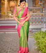 Parrot pink silk blend banarasi saree with unstitched blouse piece