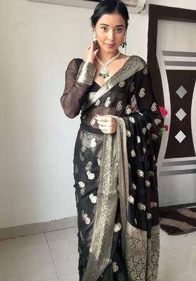 Black linen blend banarasi saree with unstitched blouse piece 1