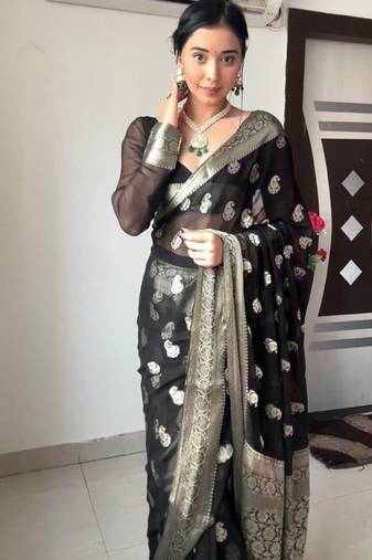 Black soft linen blend banarasi jacuard work designer party wear saree with unstitched blouse piece