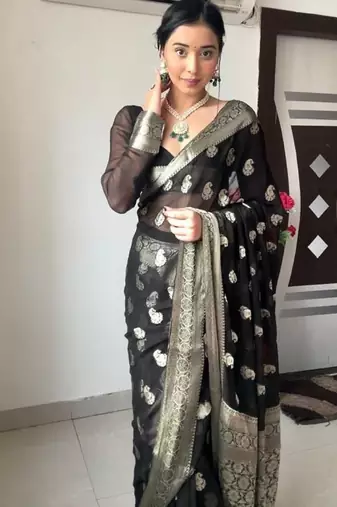 Black soft linen blend banarasi jacuard work designer party wear saree with unstitched blouse piece