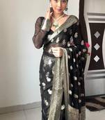 Black linen blend banarasi saree with unstitched blouse piece