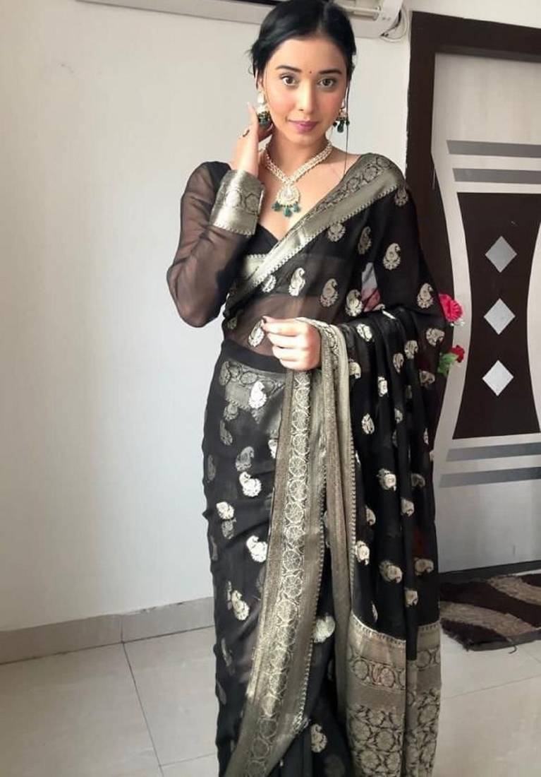 Black soft linen blend banarasi jacuard work designer party wear saree with unstitched blouse piece