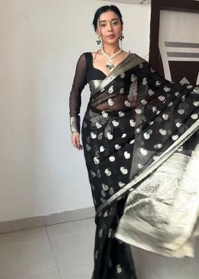 Black linen blend banarasi saree with unstitched blouse piece 2