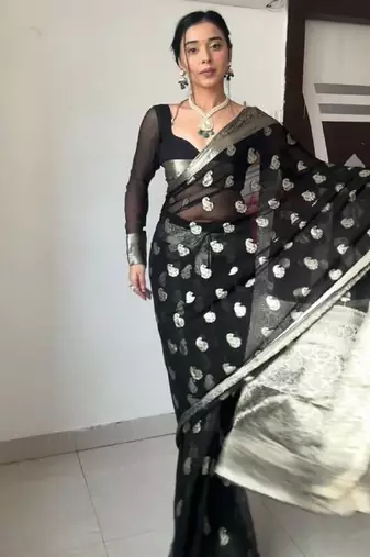 Black linen blend banarasi saree with unstitched blouse piece