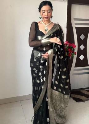 Black linen blend banarasi saree with unstitched blouse piece 3