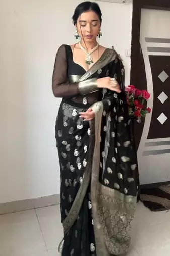 Black linen blend banarasi saree with unstitched blouse piece