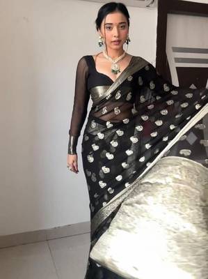 Black linen blend banarasi saree with unstitched blouse piece 4