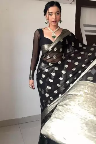 Black linen blend banarasi saree with unstitched blouse piece