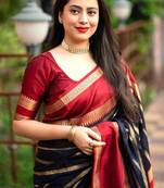 Black red soft silk blend banarasi jacuard work designer party wear saree with unstitched blouse piece