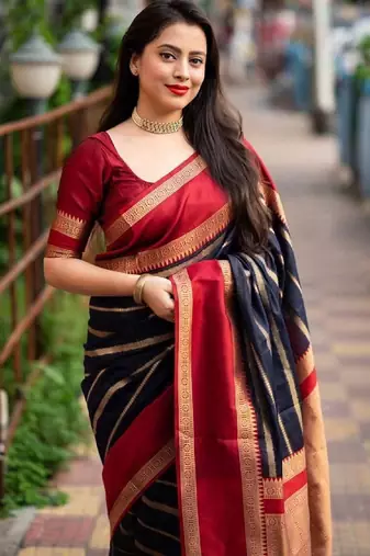 Black red silk blend banarasi saree with unstitched blouse piece