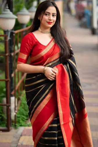 Black red silk blend banarasi saree with unstitched blouse piece