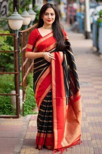 Black red soft silk blend banarasi jacuard work designer party wear saree with unstitched blouse piece