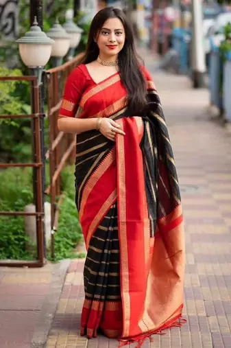 Black red silk blend banarasi saree with unstitched blouse piece
