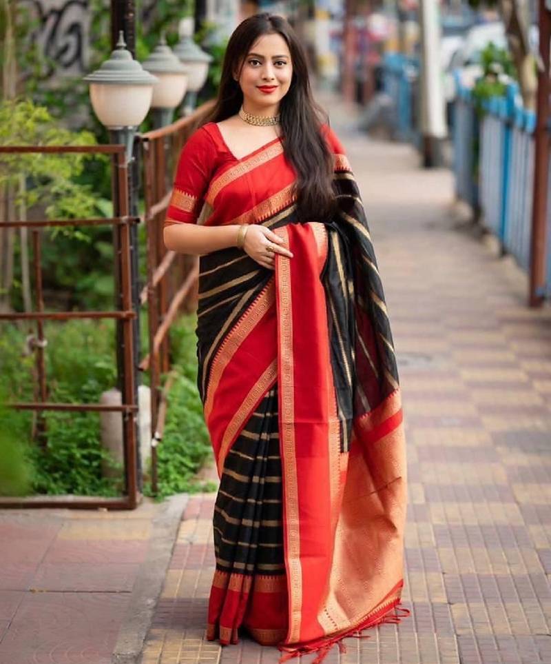 Black red soft silk blend banarasi jacuard work designer party wear saree with unstitched blouse piece