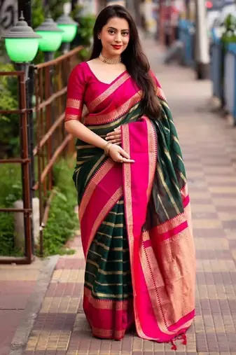 Green pink soft silk blend banarasi jacuard work designer party wear saree with unstitched blouse piece