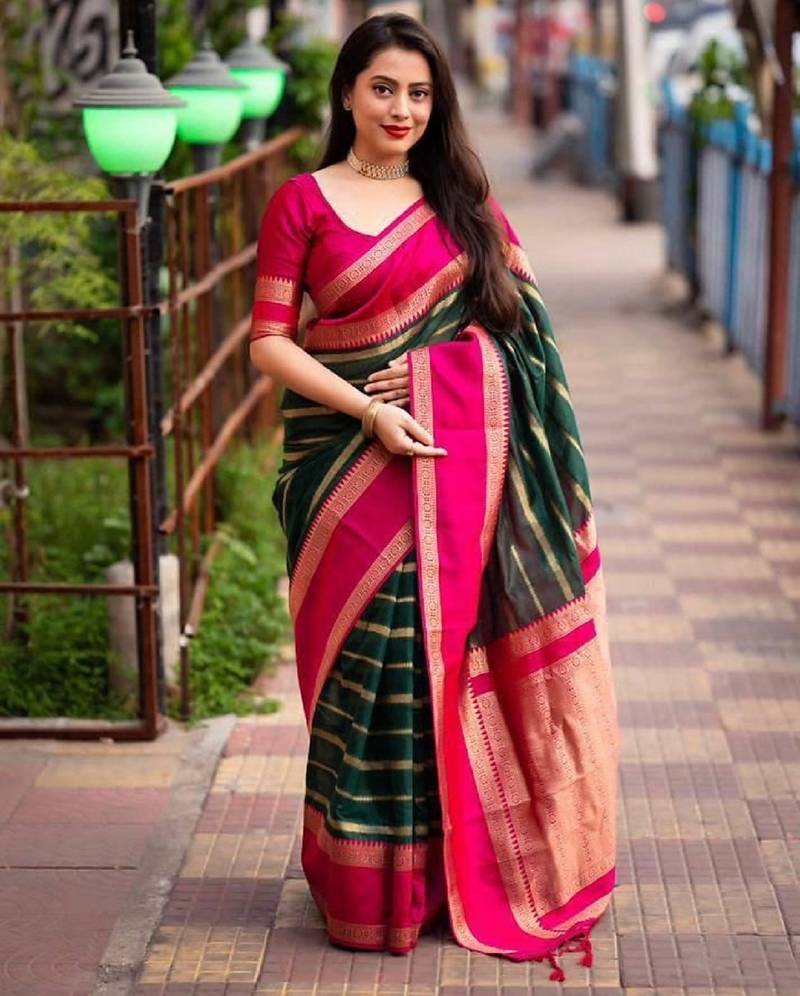 Green pink soft silk blend banarasi jacuard work designer party wear saree with unstitched blouse piece