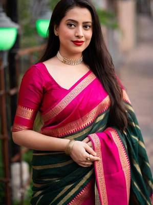 Green pink silk blend banarasi saree with unstitched blouse piece 1
