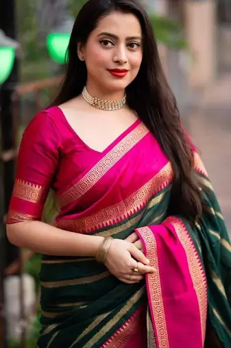 Green pink soft silk blend banarasi jacuard work designer party wear saree with unstitched blouse piece