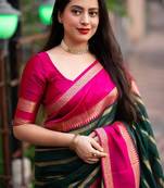 Green pink silk blend banarasi saree with unstitched blouse piece