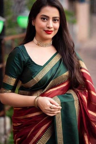 Red green soft silk blend banarasi jacuard work designer party wear saree with unstitched blouse piece