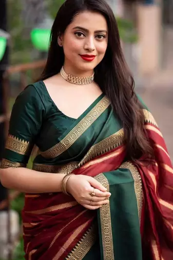 Red green soft silk blend banarasi jacuard work designer party wear saree with unstitched blouse piece