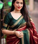 Red green silk blend banarasi saree with unstitched blouse piece