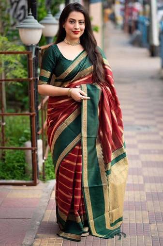 Red green soft silk blend banarasi jacuard work designer party wear saree with unstitched blouse piece