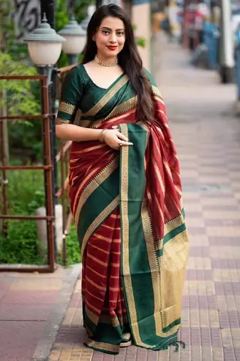 Red green soft silk blend banarasi jacuard work designer party wear saree with unstitched blouse piece