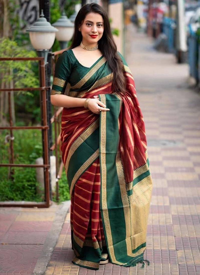 Red green soft silk blend banarasi jacuard work designer party wear saree with unstitched blouse piece