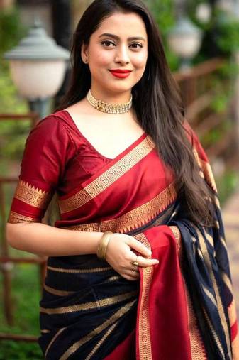 Blue red soft silk blend banarasi jacuard work designer party wear saree with unstitched blouse piece