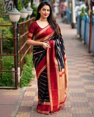 Blue red silk blend banarasi saree with unstitched blouse piece 2