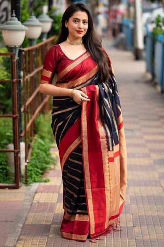 Blue red soft silk blend banarasi jacuard work designer party wear saree with unstitched blouse piece