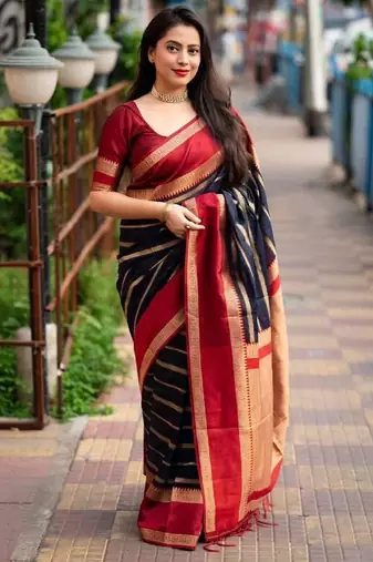 Blue red soft silk blend banarasi jacuard work designer party wear saree with unstitched blouse piece