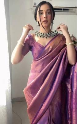 Purple cotton banarasi saree with unstitched blouse piece 2