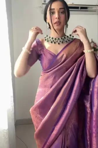 Purple cotton banarasi saree with unstitched blouse piece