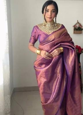 Purple cotton banarasi saree with unstitched blouse piece 3