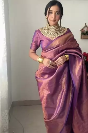 Purple cotton banarasi saree with unstitched blouse piece