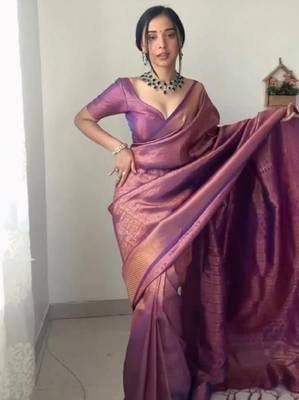 Purple cotton banarasi saree with unstitched blouse piece 4