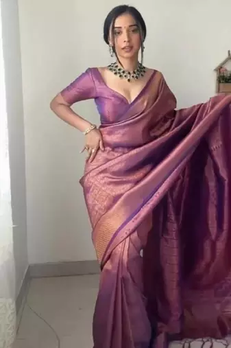 Purple cotton banarasi saree with unstitched blouse piece