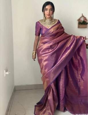 Purple cotton banarasi saree with unstitched blouse piece 5