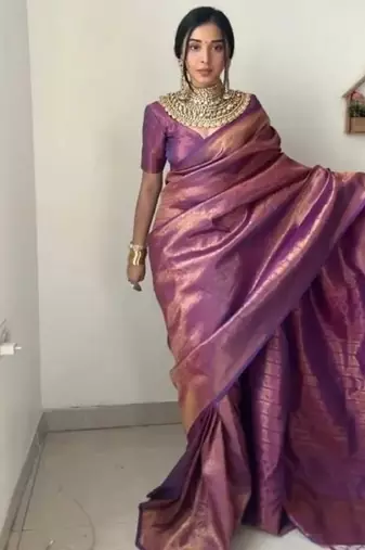 Purple cotton banarasi saree with unstitched blouse piece