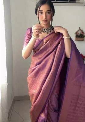 Purple cotton banarasi saree with unstitched blouse piece 1