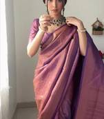 Purple cotton banarasi saree with unstitched blouse piece