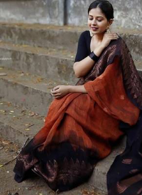 Orange black linen blend banarasi saree with unstitched blouse piece 1