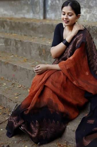 Orange black soft linen blend banarasi jacuard work designer party wear saree with unstitched blouse piece