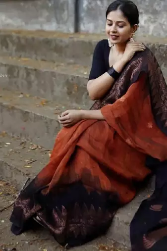 Orange black soft linen blend banarasi jacuard work designer party wear saree with unstitched blouse piece