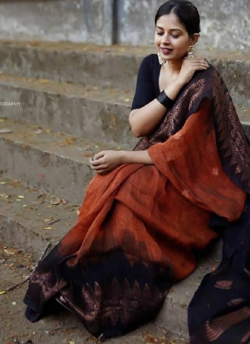 Orange black soft linen blend banarasi jacuard work designer party wear saree with unstitched blouse piece
