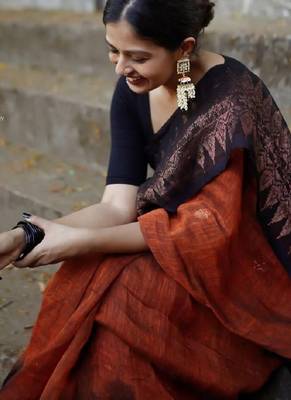 Orange black linen blend banarasi saree with unstitched blouse piece 2