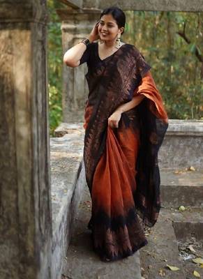 Orange black linen blend banarasi saree with unstitched blouse piece 3